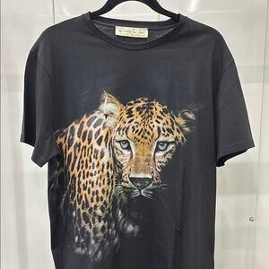 NWT Etro Black Short Sleeve Tee with Leopard hand painting Size XL